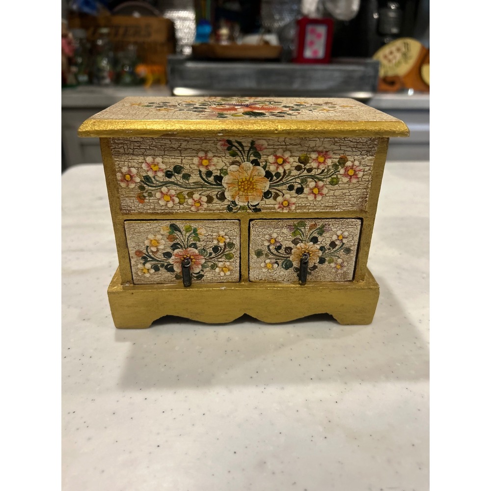 Vintage Hand Painted Floral Wooden Jewelry Box Crackle Finish Gold Trim Mirror